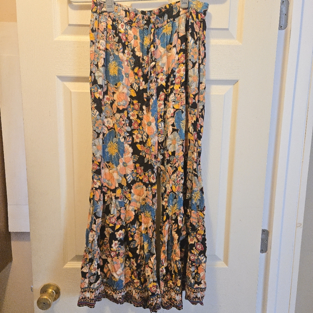 Angie Floral Wide-Leg Beach Flowy Pants Size Large Black Floral Peach Blue Multi - Picture 13 of 16